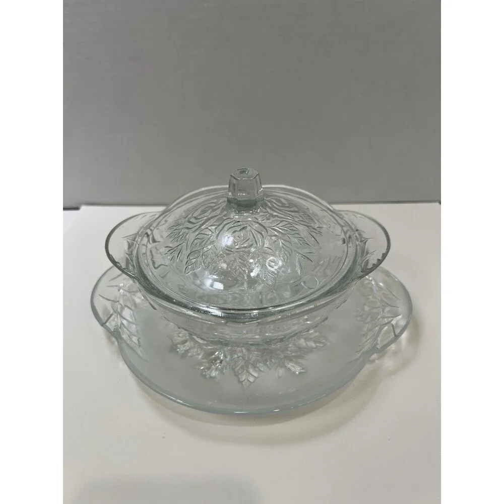 Vintage Pressed Roses Glass Candy  Dish Jar Lid 5 1/2” Underplate Frosted 8”